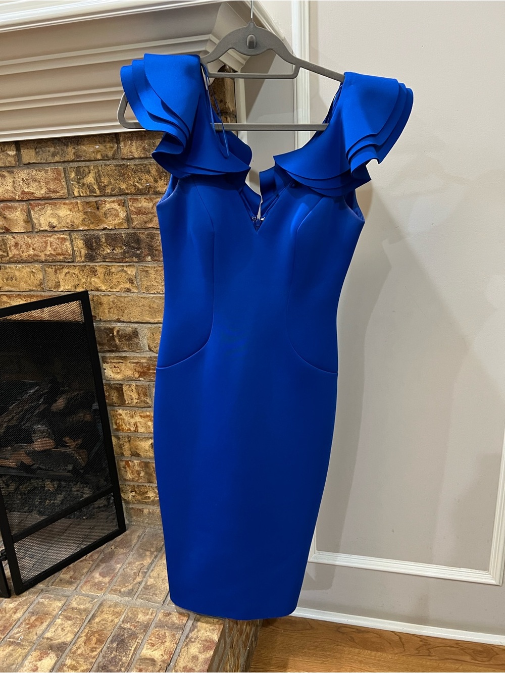 Eliza J Elegant Royal Blue Ruffle Shoulder Sheath Dress
